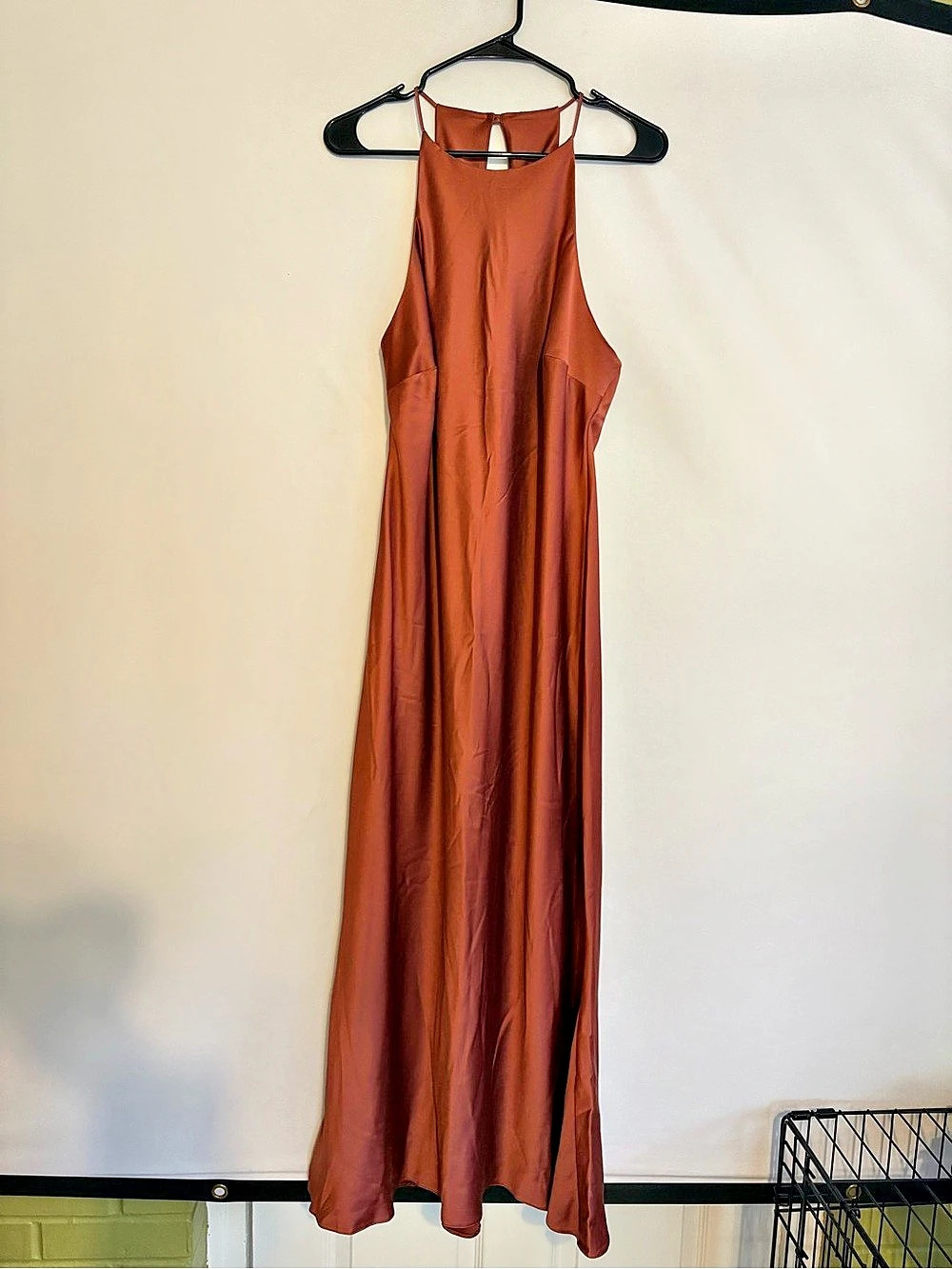 ASOS Rust Satin Halter Neck Midi Dress with high neck
